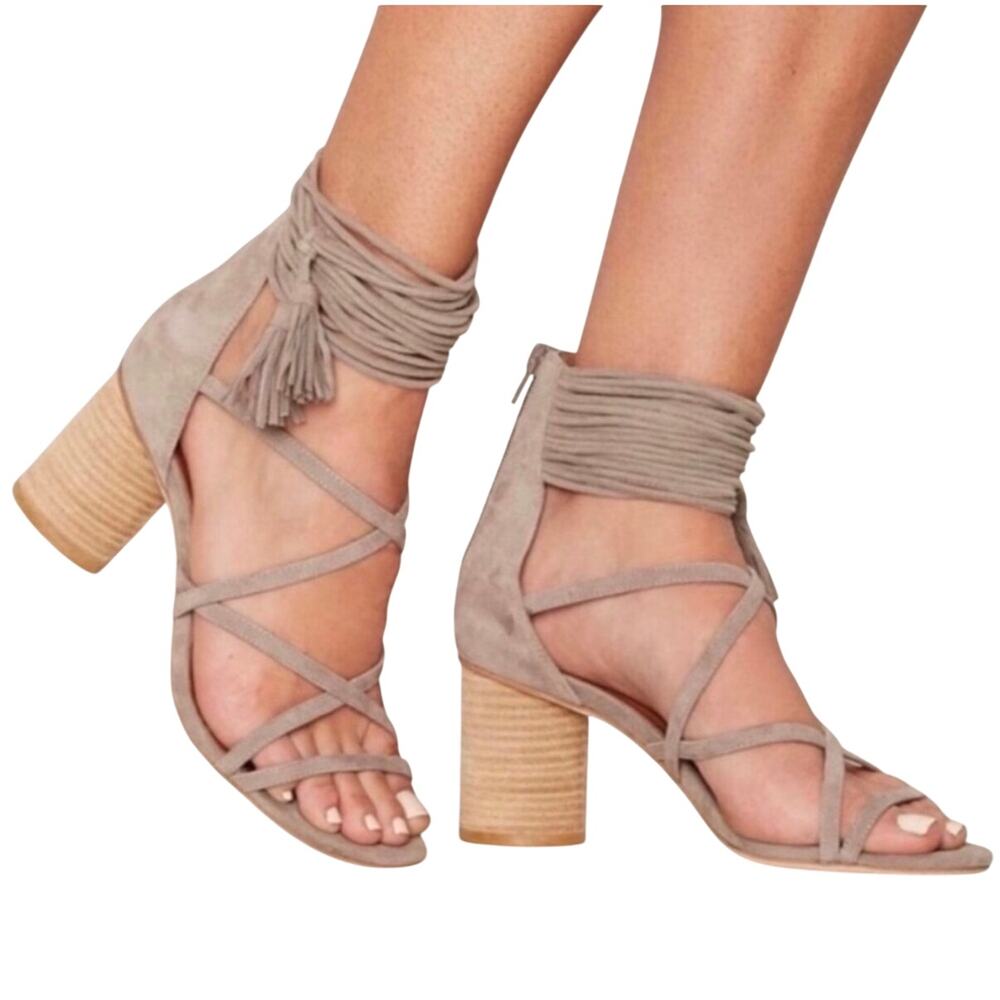 Jeffrey Campbell Women’s Despina tan heeled caged strappy sandal, tassels, 7 - Picture 1 of 8